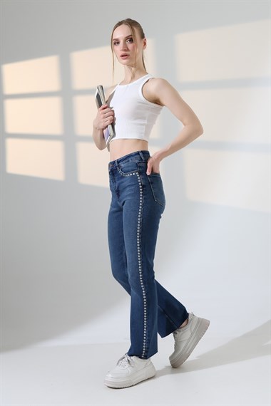 Zımba Taşlı İspanyol Mom Fit Kot Pantolon 7192