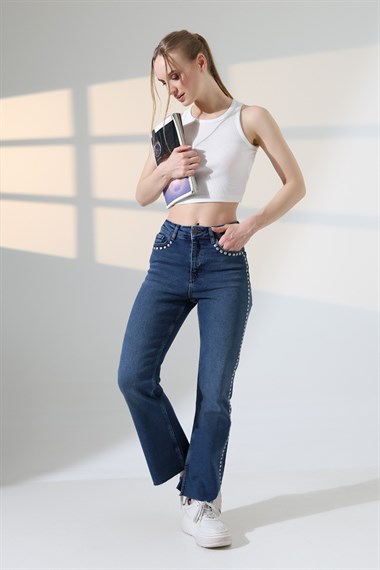 Zımba Taşlı İspanyol Mom Fit Kot Pantolon 7192