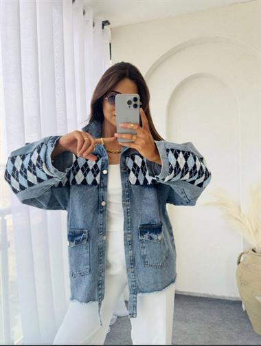 Denim Jacket with Diamond Pattern Detail