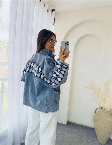 Denim Jacket with Diamond Pattern Detail