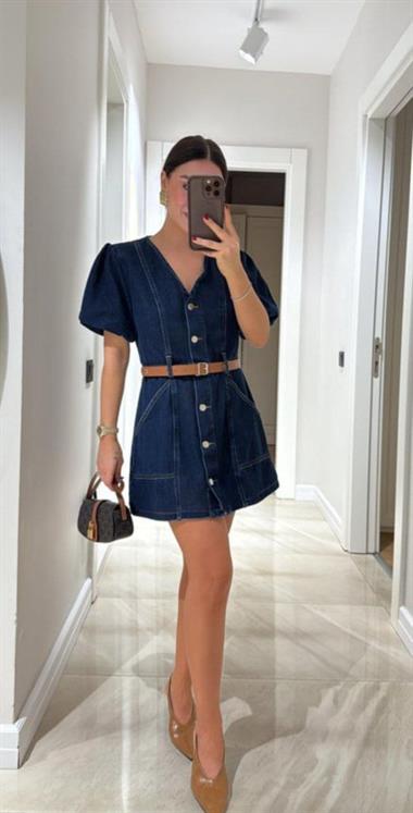 Balon Kol Kemerli Kot Elbise