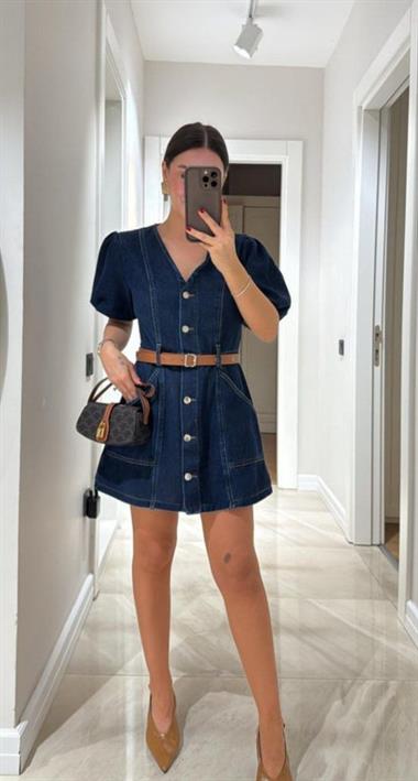 Balon Kol Kemerli Kot Elbise