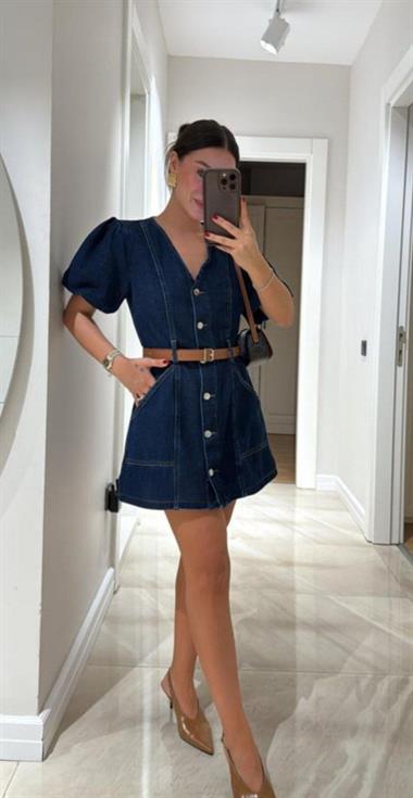 Balon Kol Kemerli Kot Elbise