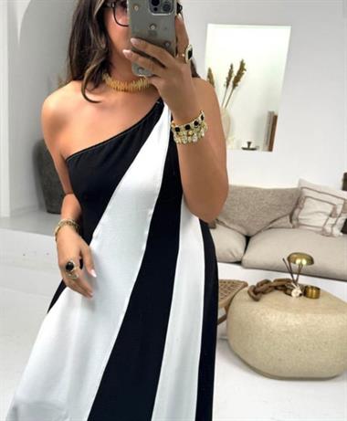 Çift Renkli Tek Omuz Elbise