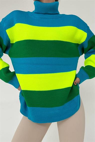 Çizgili Boğazlı Uzun Kazak - Turkuaz-Koyu Benetton