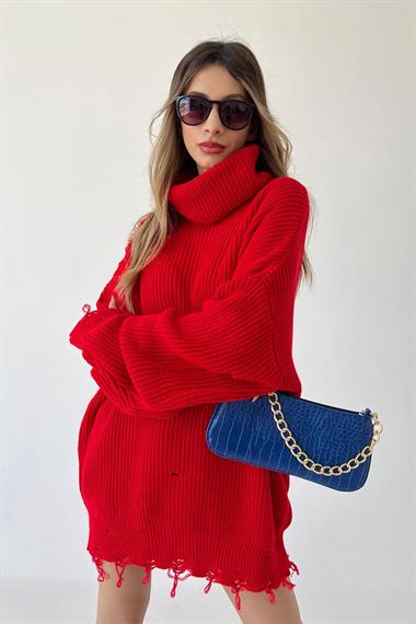 Delikli Degaje Yaka Selanik Kazak - Kırmızı