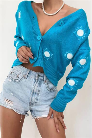 Güneşli Hırka - Turkuaz-Krem