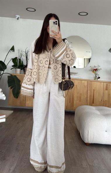 Ham Keten Dantel Detaylı Gömlek Pallazo Takım