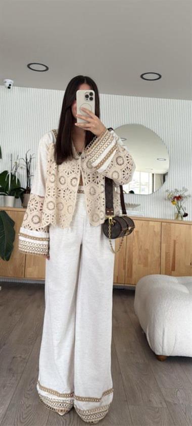 Ham Keten Dantel Detaylı Gömlek Pallazo Takım