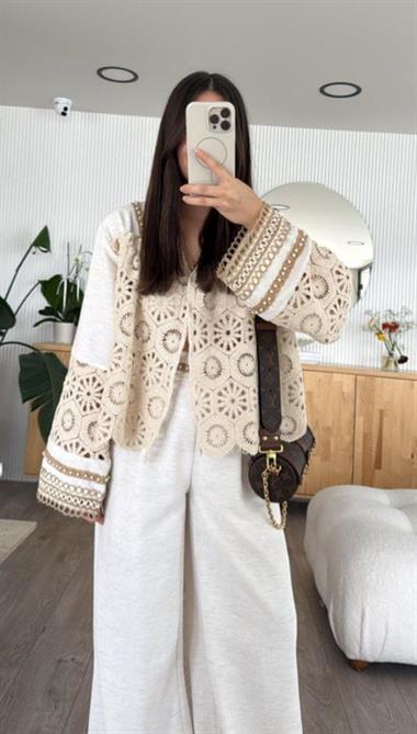 Ham Keten Dantel Detaylı Gömlek Pallazo Takım