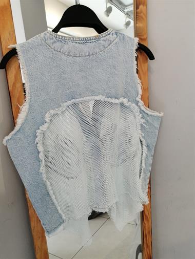Womens Pocket Mesh Detailed Denim Vest