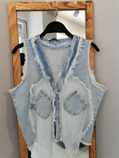 Womens Pocket Mesh Detailed Denim Vest