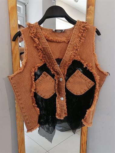 Womens Pocket Mesh Detailed Denim Vest