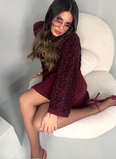 Leopar Desen Sakallı Yumoş Triko Etekli Takım