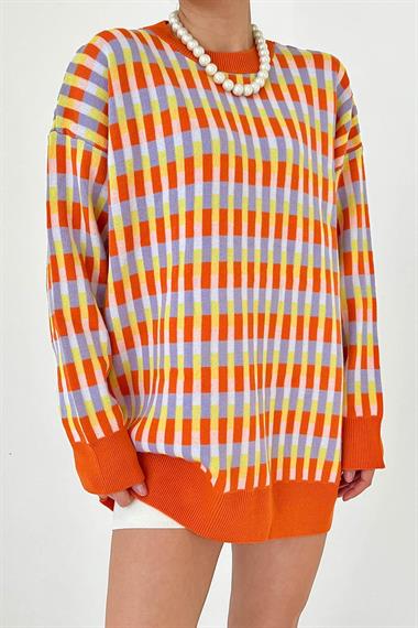 Minik Kareli Kazak - Oranj-Lila