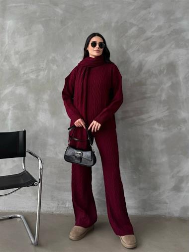 Şal Detay Örgü Desenli Triko Takım