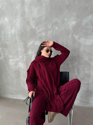 Şal Detay Örgü Desenli Triko Takım