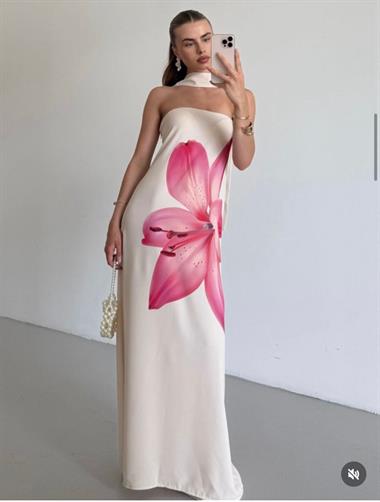 Şal Detay Pembe Çiçek Elbise