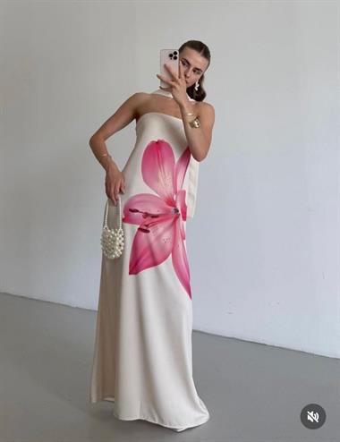 Şal Detay Pembe Çiçek Elbise