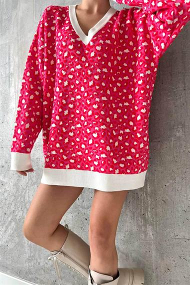 Serpme Desen V Yaka Kazak - Kemik-Kırmızı