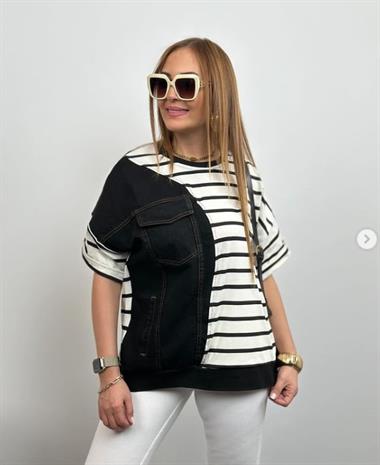 Design Denim Detail Striped Tshirt