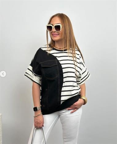 Design Denim Detail Striped Tshirt