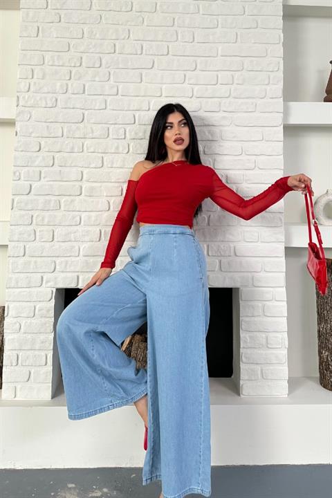 Arkası Lastikli Bol Paça Pantolon