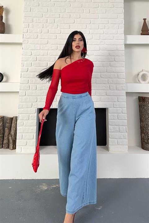 Arkası Lastikli Bol Paça Pantolon