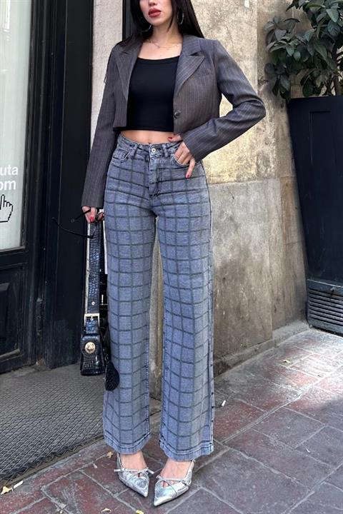 Armürlü Kareli Bol Paça Jean