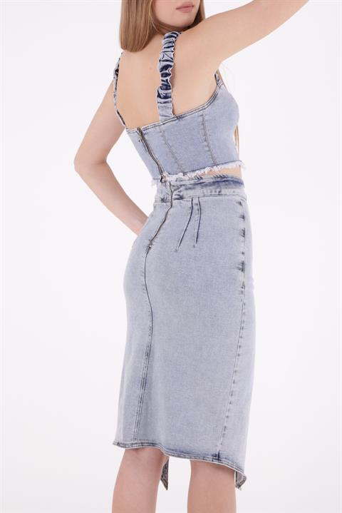 Asymmetric Medium Denim Skirt with Front Darts and Side Slit Snow Light Blue (S-XL-6)