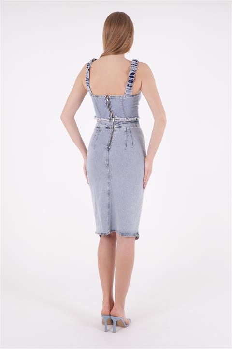 Asymmetric Medium Denim Skirt with Front Darts and Side Slit Snow Light Blue (S-XL-6)