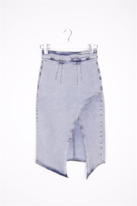 Asymmetric Medium Denim Skirt with Front Darts and Side Slit Snow Light Blue (S-XL-6)