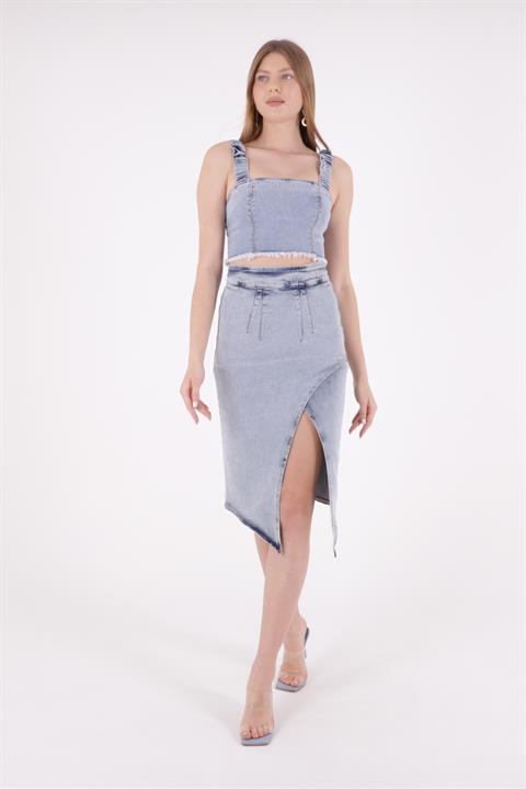 Asymmetric Medium Denim Skirt with Front Darts and Side Slit Snow Light Blue (S-XL-6)