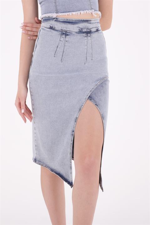 Asymmetric Medium Denim Skirt with Front Darts and Side Slit Snow Light Blue (S-XL-6)