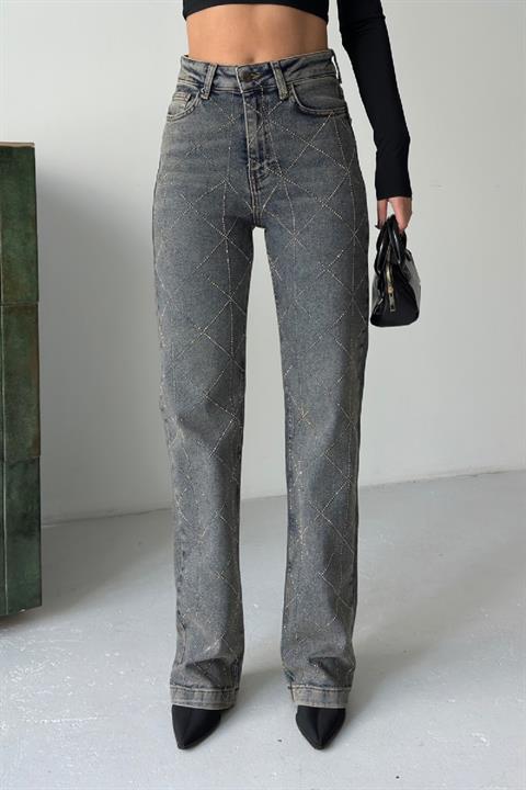 Baklava Desenli Taşlı Kot Pantolon