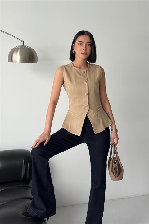 Belden Oturtmalı Düğmeli Kot Yelek