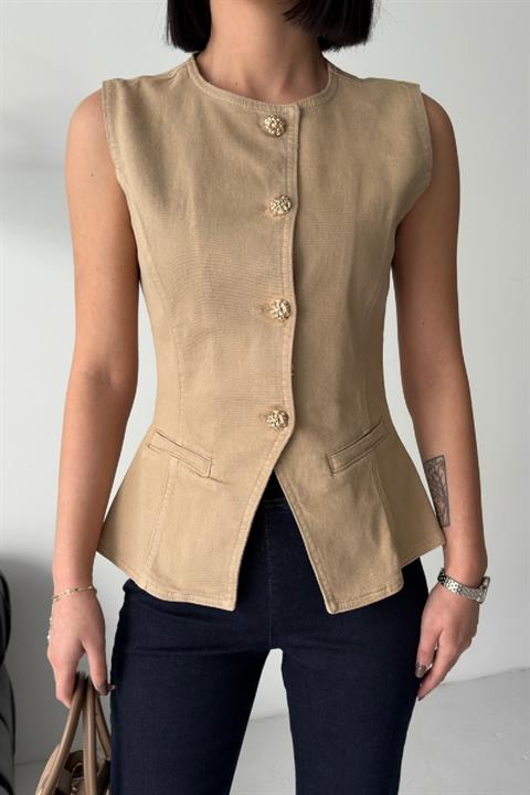 Belden Oturtmalı Düğmeli Kot Yelek