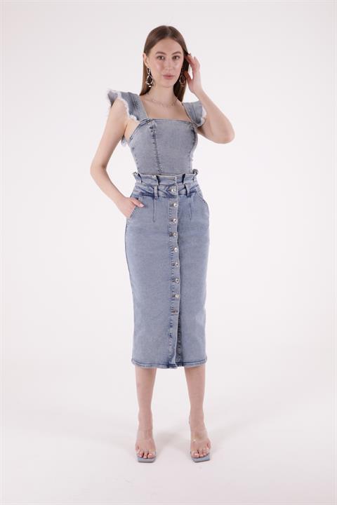 Beli Pileli Önü Düğmeli Aksesuarlı Etek