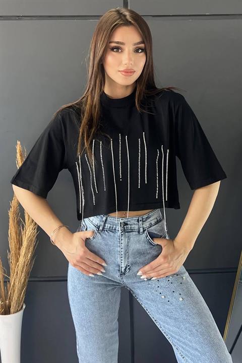 Bisiklet Yaka Taş İşlemeli Oversize Crop Top Bluz