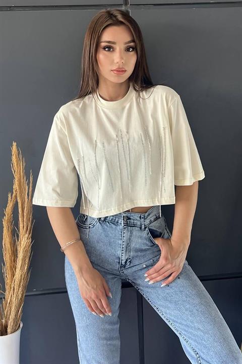 Bisiklet Yaka Taş İşlemeli Oversize Crop Top Bluz