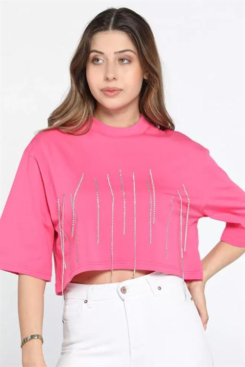 Bisiklet Yaka Taş İşlemeli Oversize Crop Top Bluz