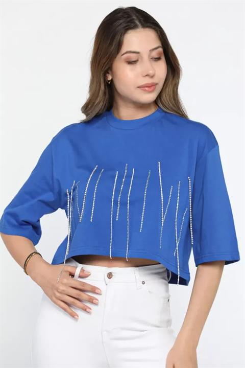 Bisiklet Yaka Taş İşlemeli Oversize Crop Top Bluz