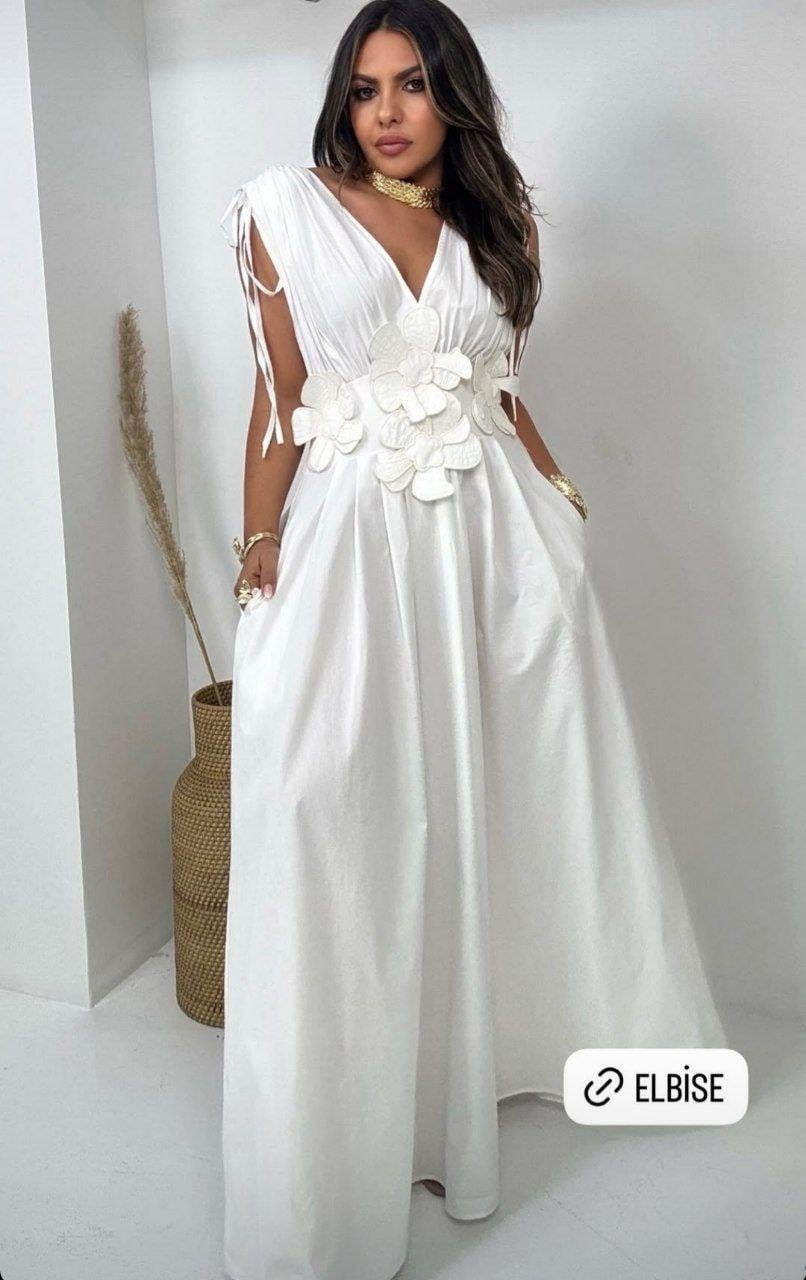 3 Boyutlu Çiçekli Tam Boy Elbise