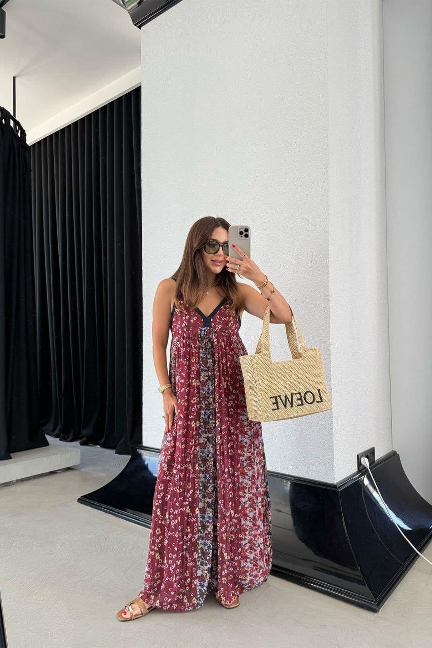 Askılı Şıfon Çiçekli Elbise