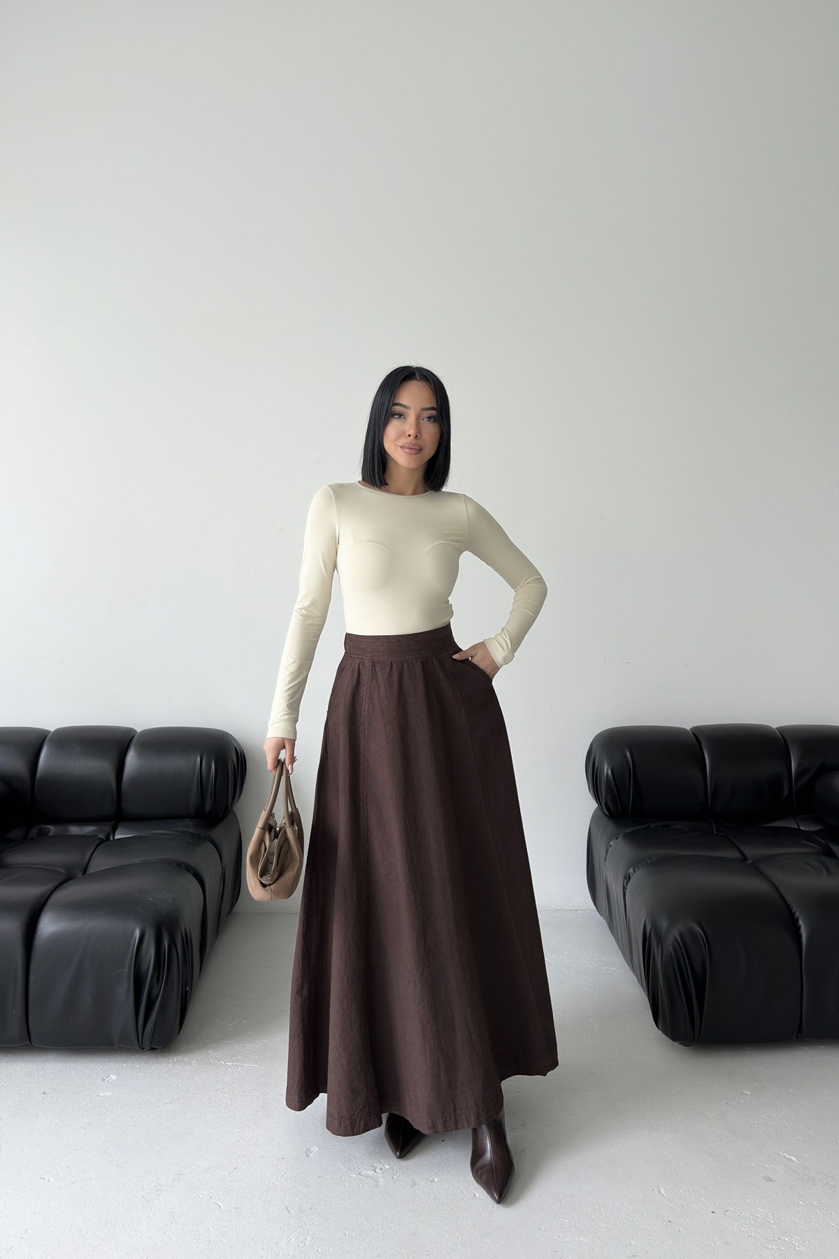 Beli Lastikli Volanlı Uzun Etek 1063
