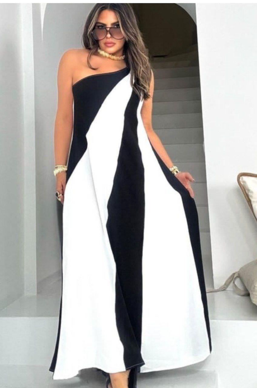 Çift Renkli Tek Omuz Elbise