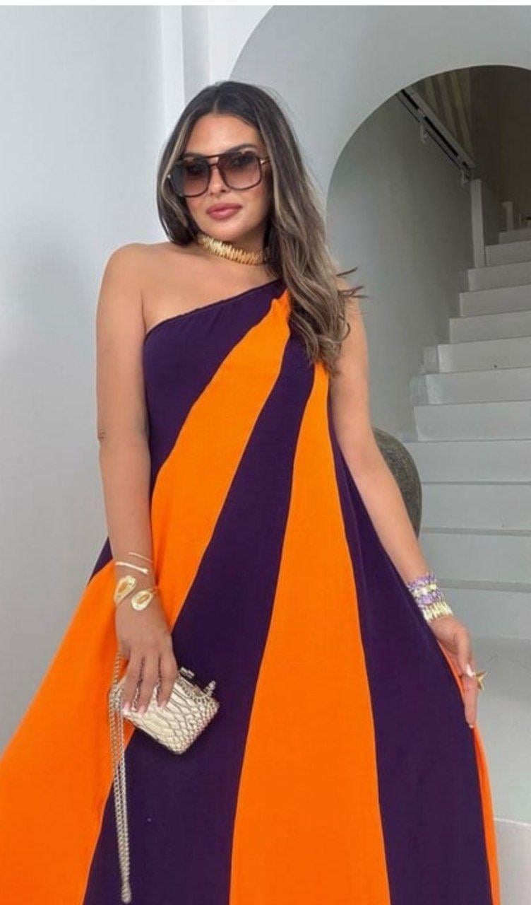 Çift Renkli Tek Omuz Elbise