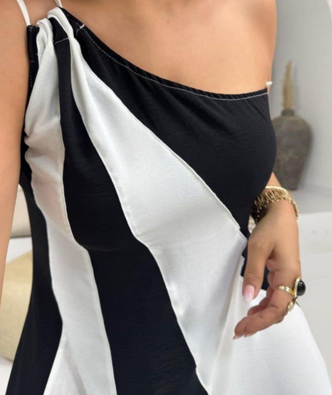 Çift Renkli Tek Omuz Elbise