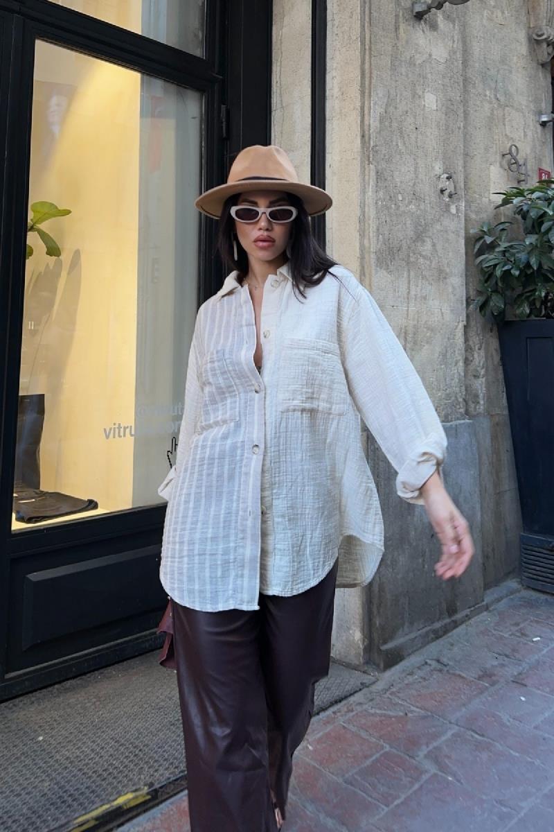 Çizgili Garnili Oversize Gömlek 6206