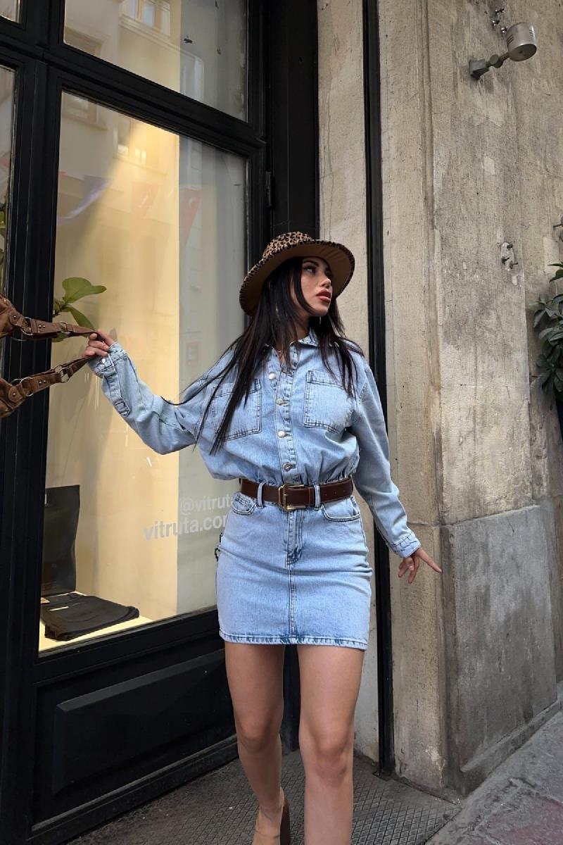 Düğmeli Mini Kot Elbise